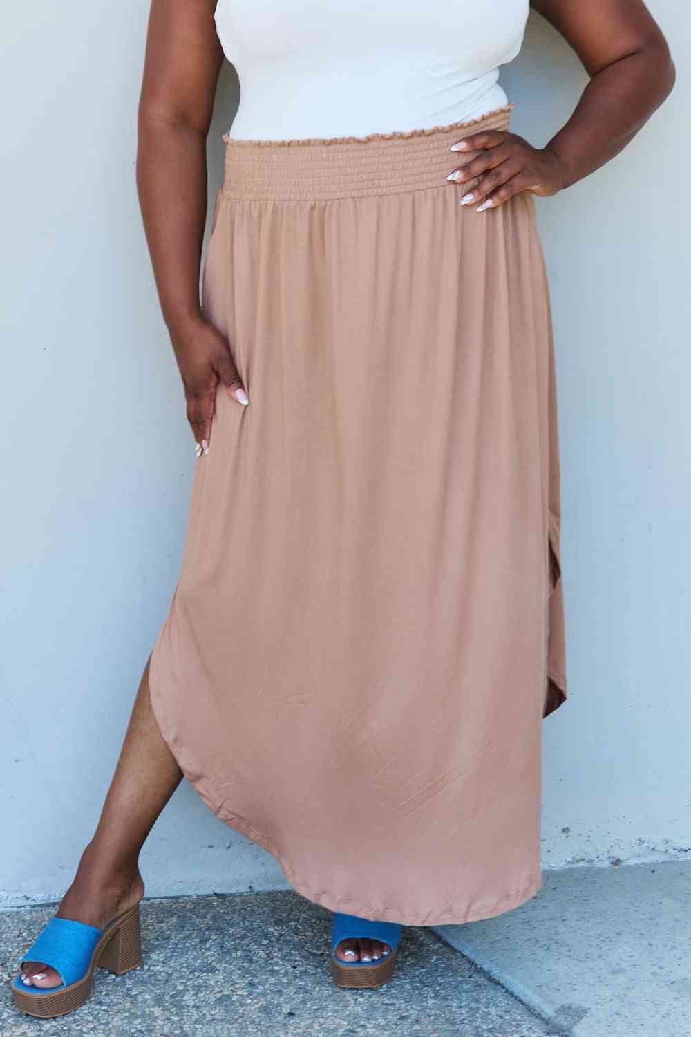 Doublju Comfort Princess Full Size High Waist Scoop Hem Maxi Skirt in Tan Tan