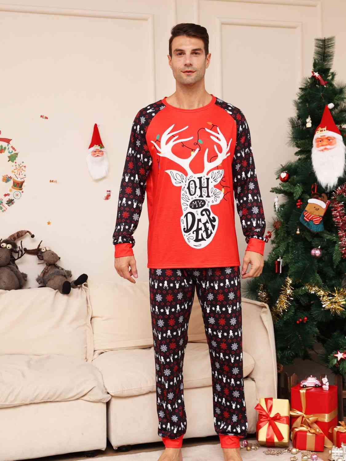 Full Size Reindeer Graphic Top and Pants Set Red