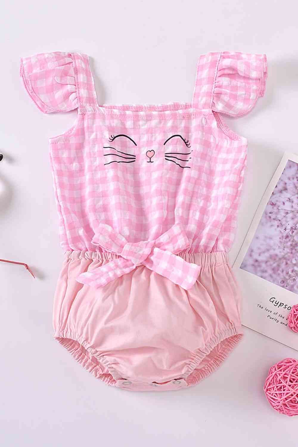 Baby Plaid Cat Graphic Bodysuit Blush Pink