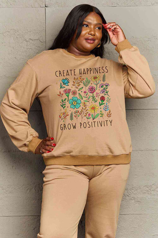 Simply Love Full Size CREATE HAPPINESS GROW POSITIVITY Graphic Sweatshirt Taupe