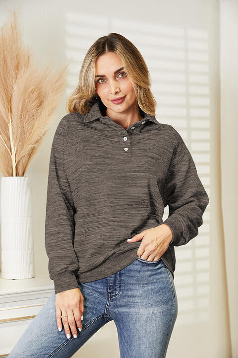 Ninexis Full Size Quarter-Button Collared Sweatshirt Heather Gray