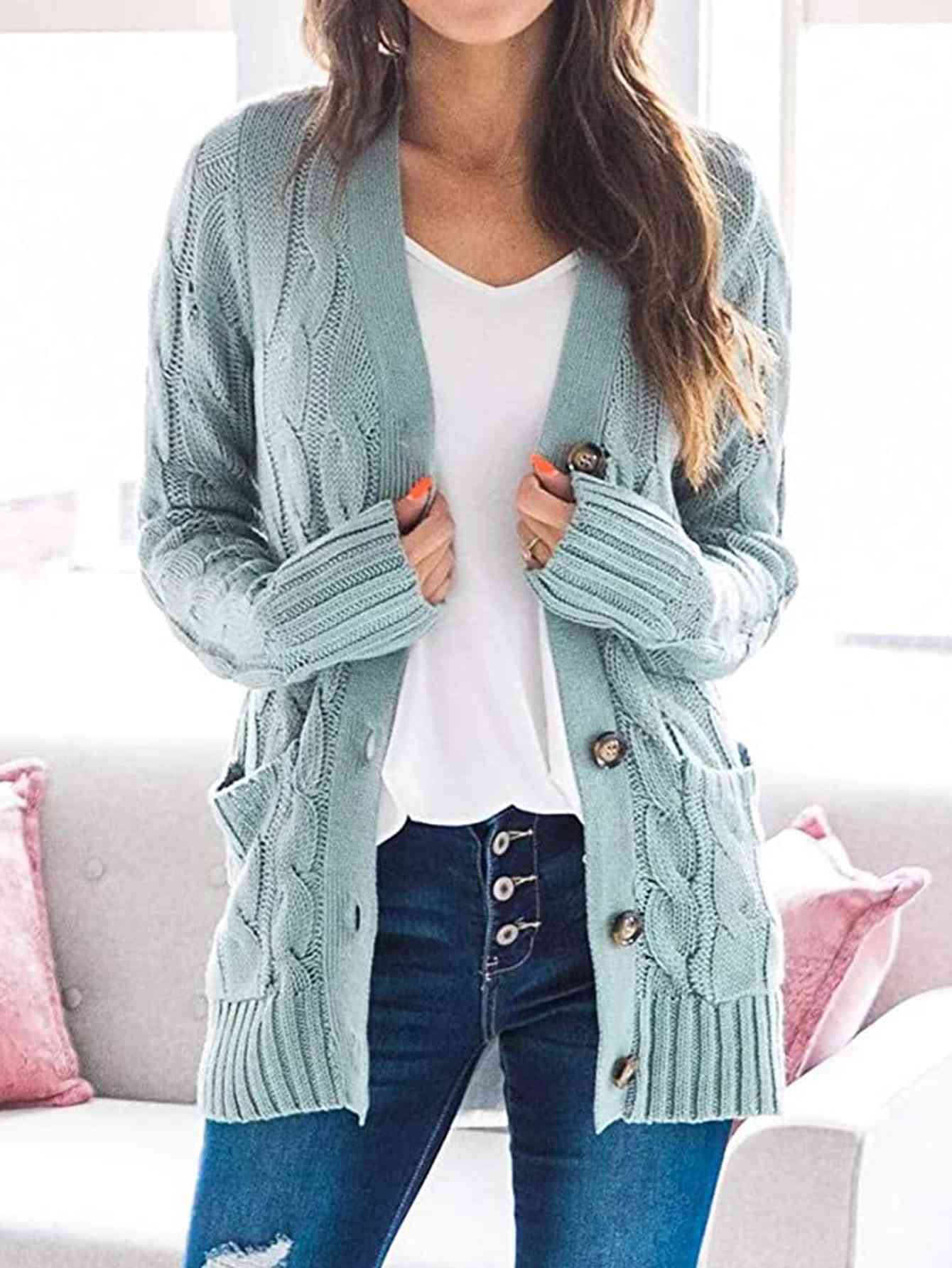 Cable-Knit Buttoned Cardigan with Pockets Teal