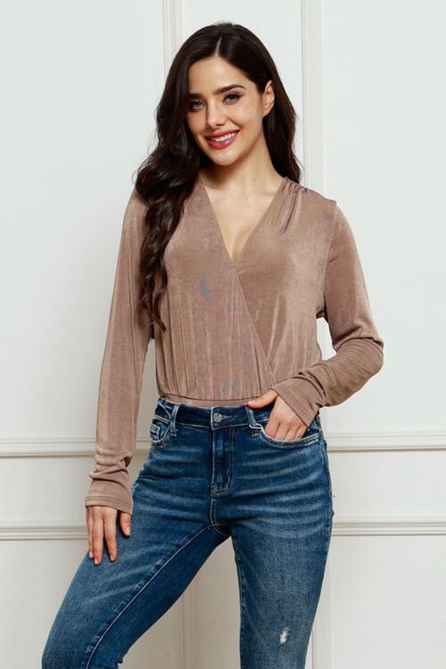 V-Neck Long Sleeve Bodysuit Taupe