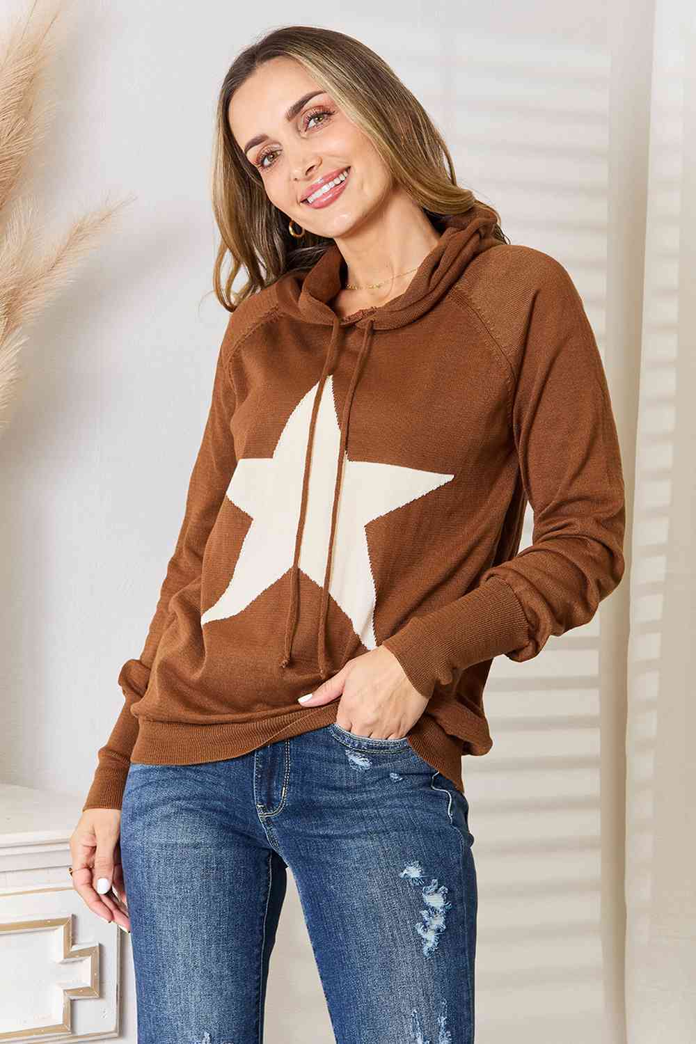 Heimish Full Size Star Graphic Hooded Sweater Chestnut