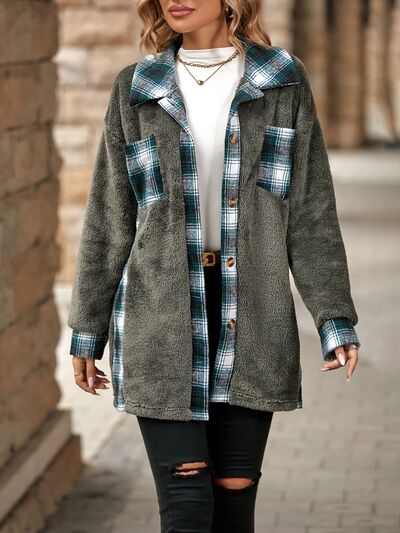 Plaid Contrast Dropped Shoulder Coat Charcoal