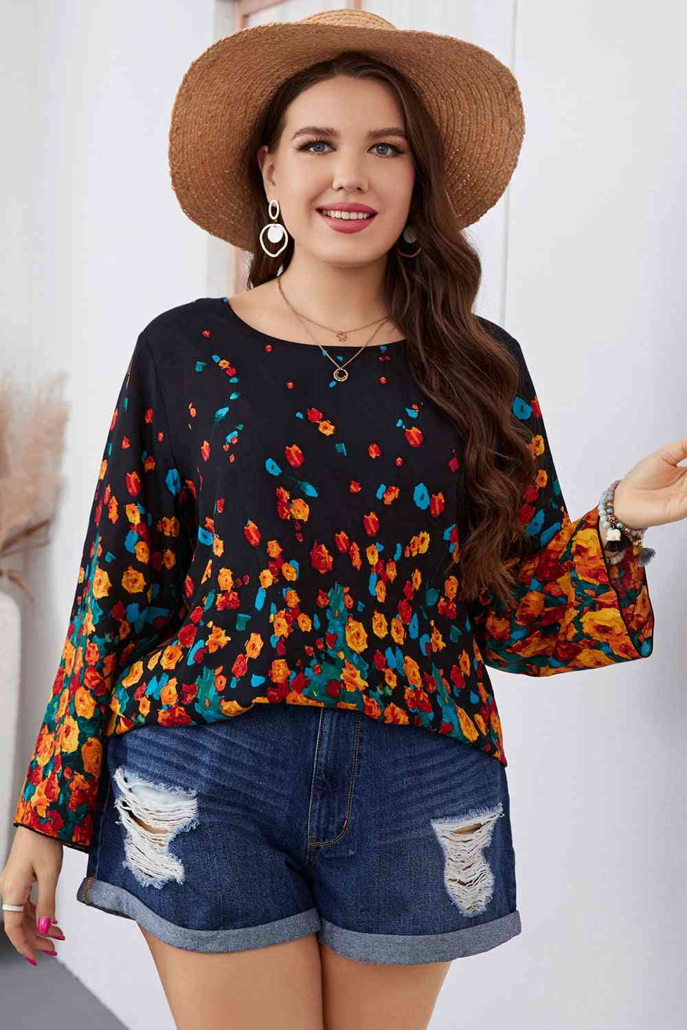 Melo Apparel Plus Size Floral Round Neck Long Sleeve Blouse