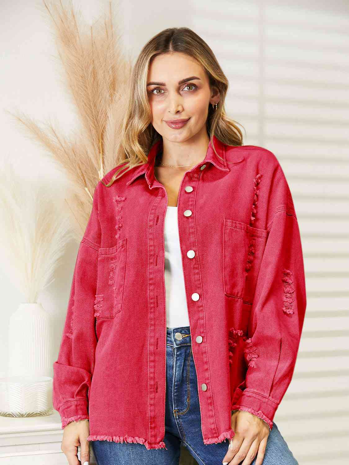 Distressed Raw Hem Denim Jacket Strawberry