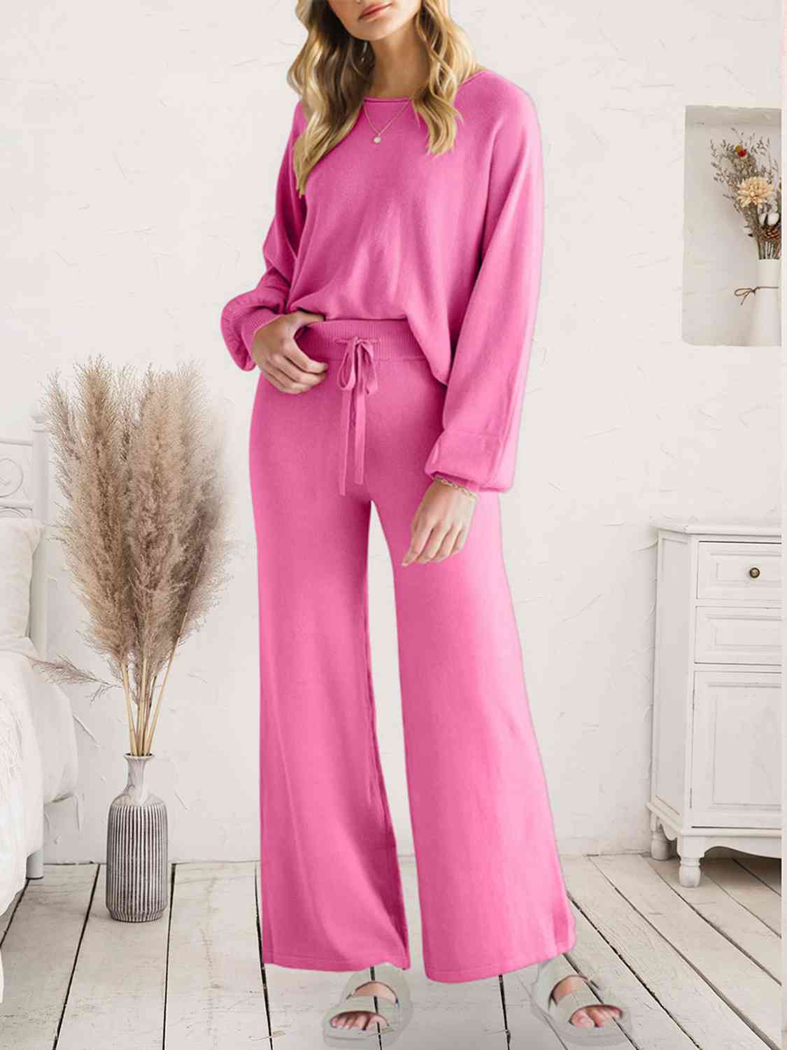 Long Sleeve Lounge Top and Drawstring Pants Set Fuchsia Pink
