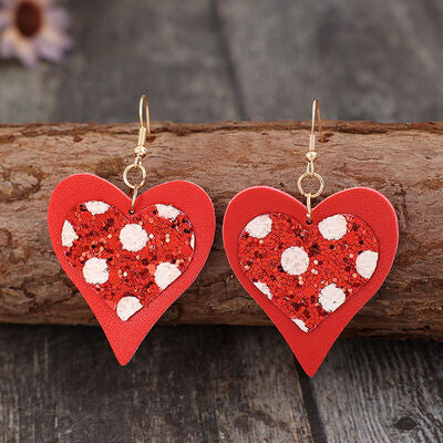 Sequin Heart Leather Drop Earrings Red One Size