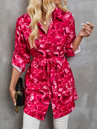 Slit Tied Printed Button Up Long Sleeve Shirt Deep Rose