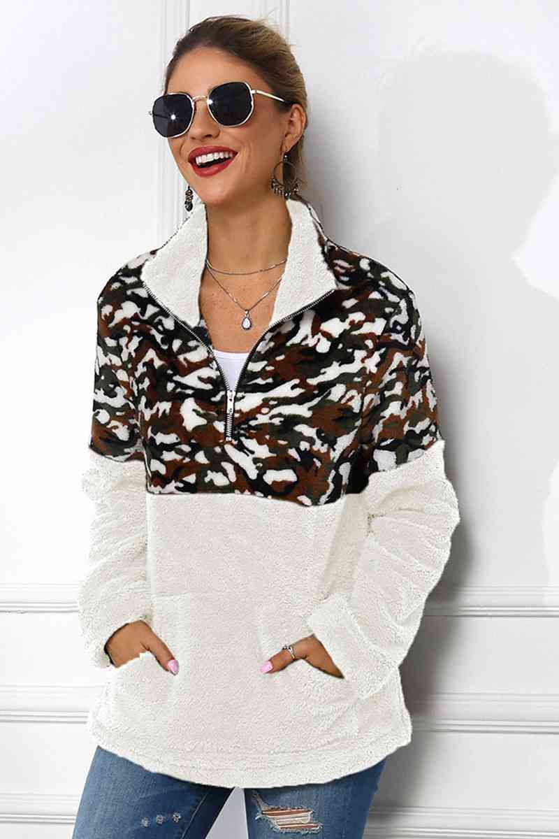 Camouflage Zip-Up Turtle Neck Dropped Shoulder Sweatshirt