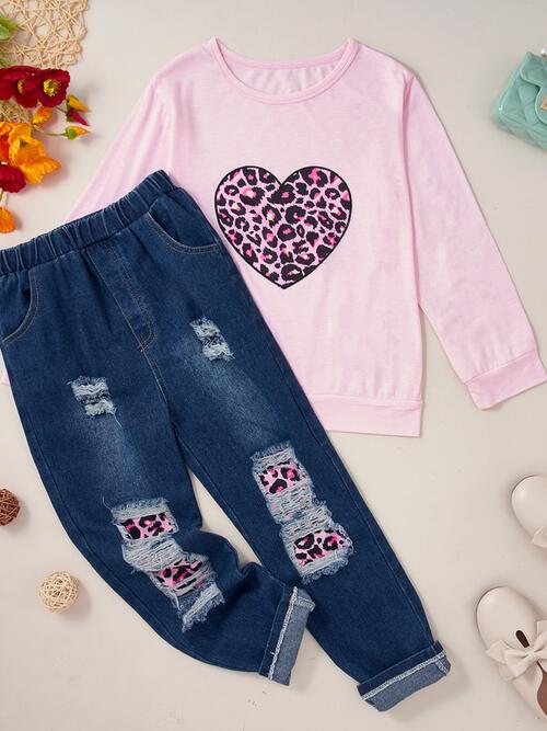 Leopard Heart Graphic Top and Pants Set Carnation Pink