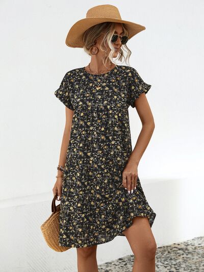 Frill Floral Round Neck Short Sleeve Tiered Dress Black