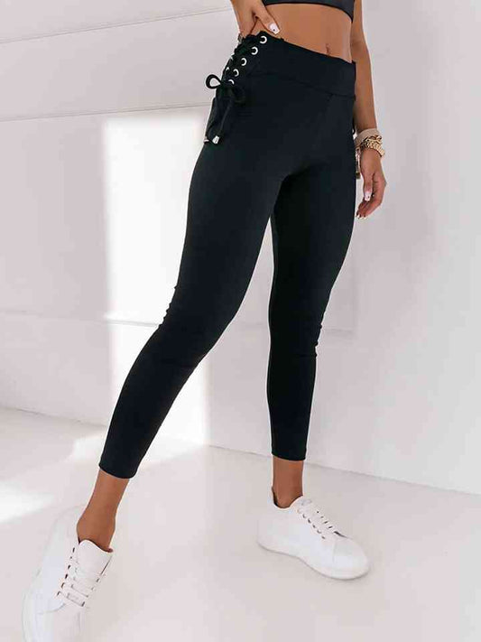 Wide Waistband Lace-Up Leggings Black