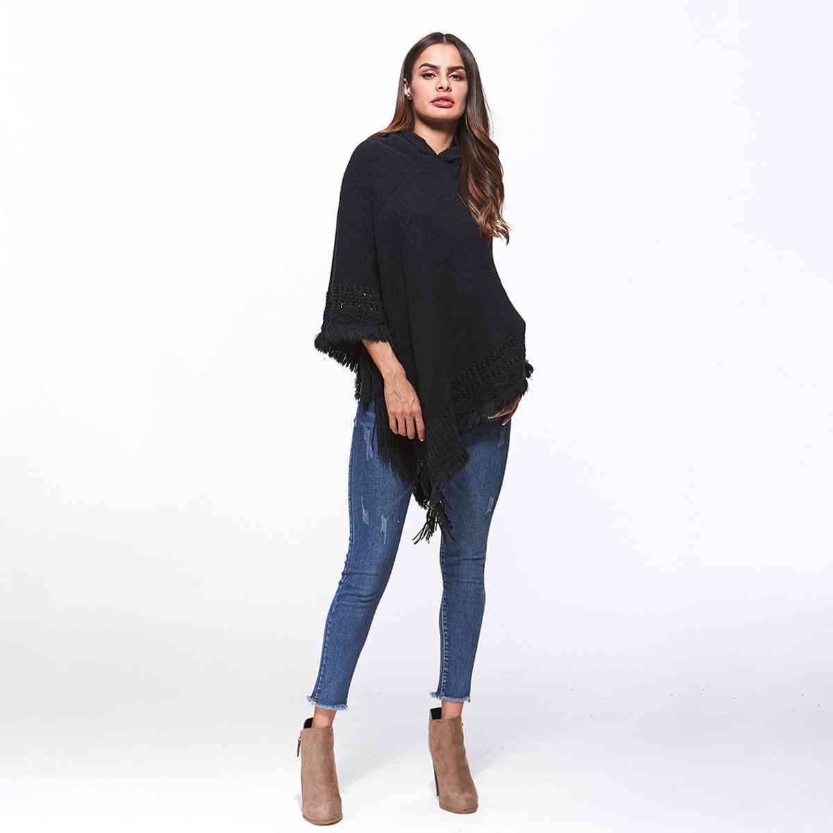 Openwork Fringe Hem Hooded Poncho