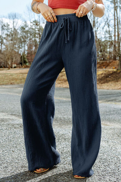 Texture Tied Wide Leg Pants French Blue