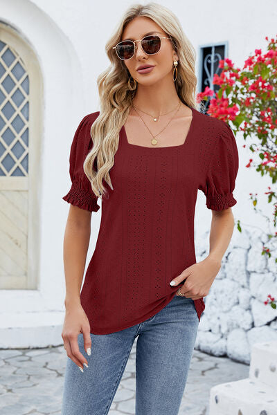 Eyelet Square Neck Short Sleeve T-Shirt Wine