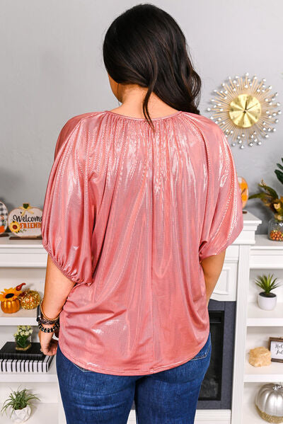 Tie Neck Metallic Half Sleeve T-Shirt