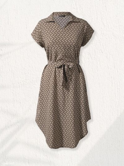 Tied Printed Johnny Collar Dress Coffee Brown