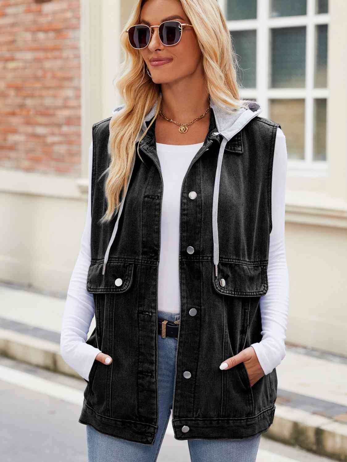 Drawstring Hooded Sleeveless Denim Jacket Black