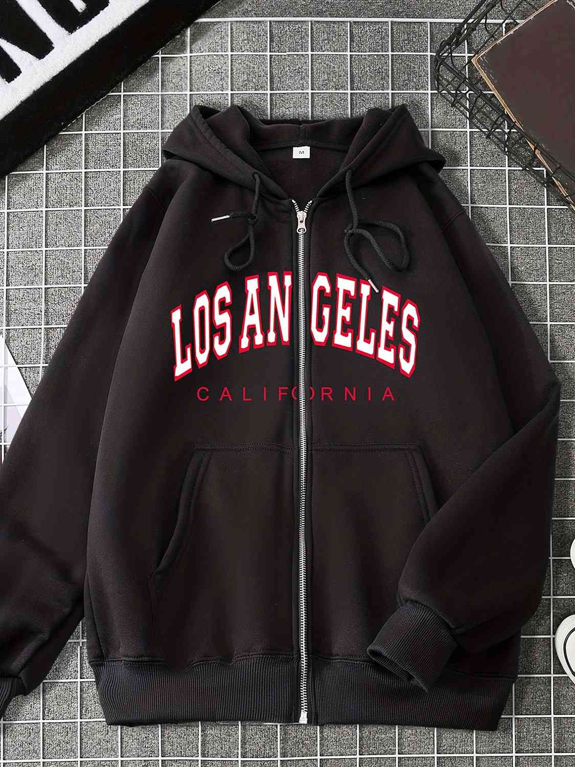 LOS ANGELES CALIFORNIA Graphic Drawstring Hooded Jacket Black