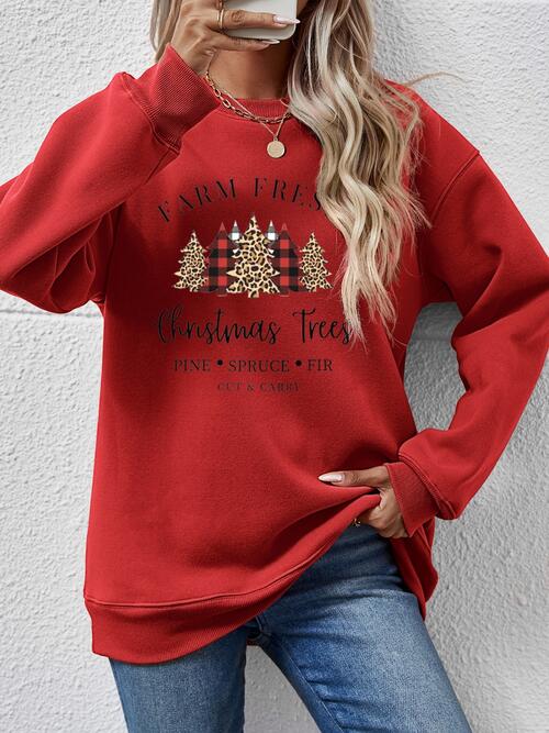 Graphic Round Neck Long Sleeve Sweatshirt Deep Red