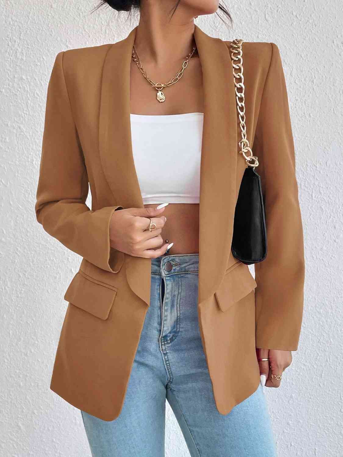 Shawl Collar Long Sleeve Blazer Tan