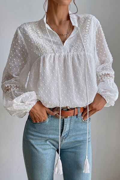 Swiss Dot Lace Detail Tie Neck Shirt White