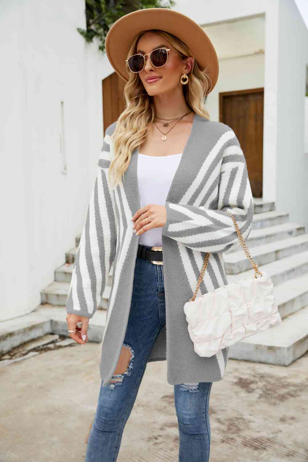Woven Right Two-Tone Open Front Fuzzy Longline Cardigan Gray