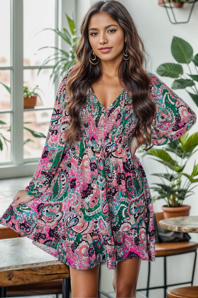 Printed V-Neck Long Sleeve Mini Dress Multicolor