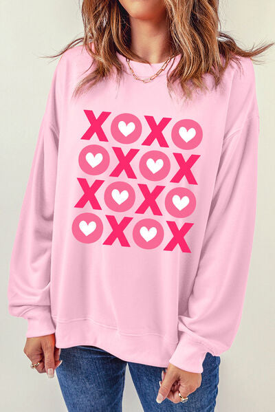 Graphic Round Neck Dropped Shoulder Sweatshirt Carnation Pink