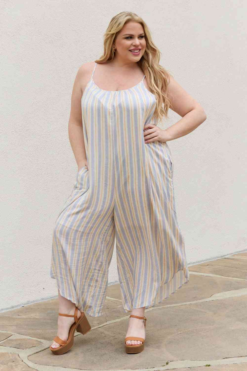 HEYSON Full Size Multi Colored Striped Jumpsuit with Pockets Stripe