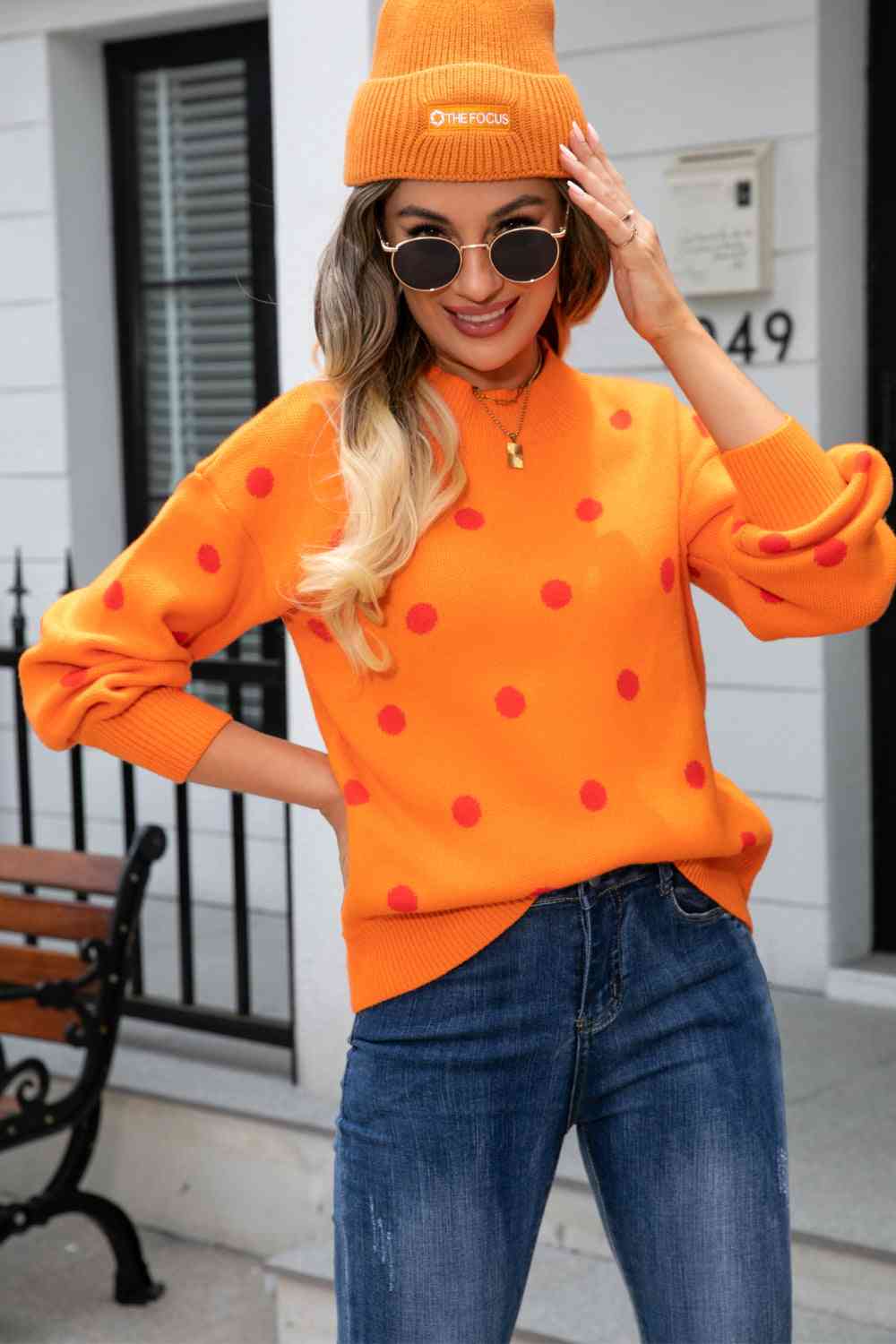 Woven Right Polka Dot Round Neck Dropped Shoulder Sweater Tangerine