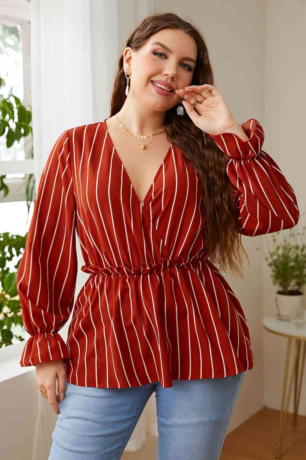 Melo Apparel Plus Size V-Neck Frill Trim Blouse Deep Red