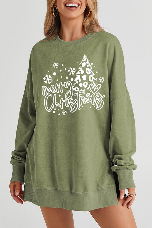 MERRY CHRISTMAS Round Neck Long Sleeve Slit Sweatshirt Matcha Green