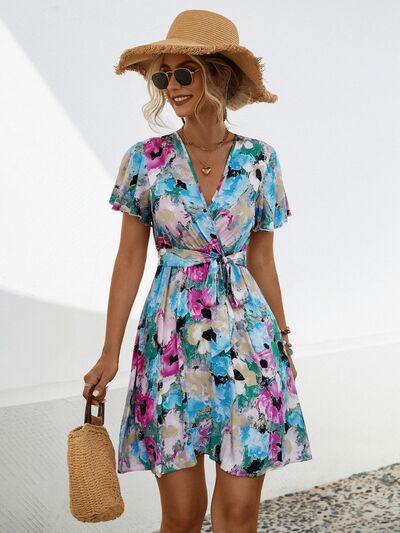 Printed Surplice Tie Waist Mini Dress