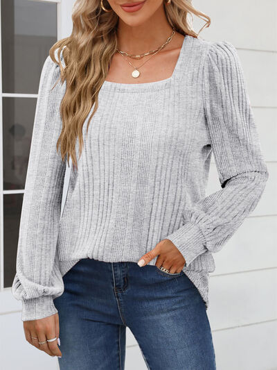 Square Neck Long Sleeve Blouse Heather Gray