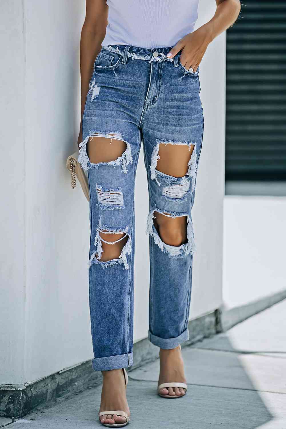 Distressed Frayed Trim Straight Leg Jeans Light