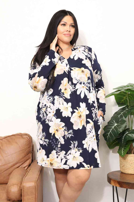 Sew In Love Full Size Flower Print Shirt Dress Navy