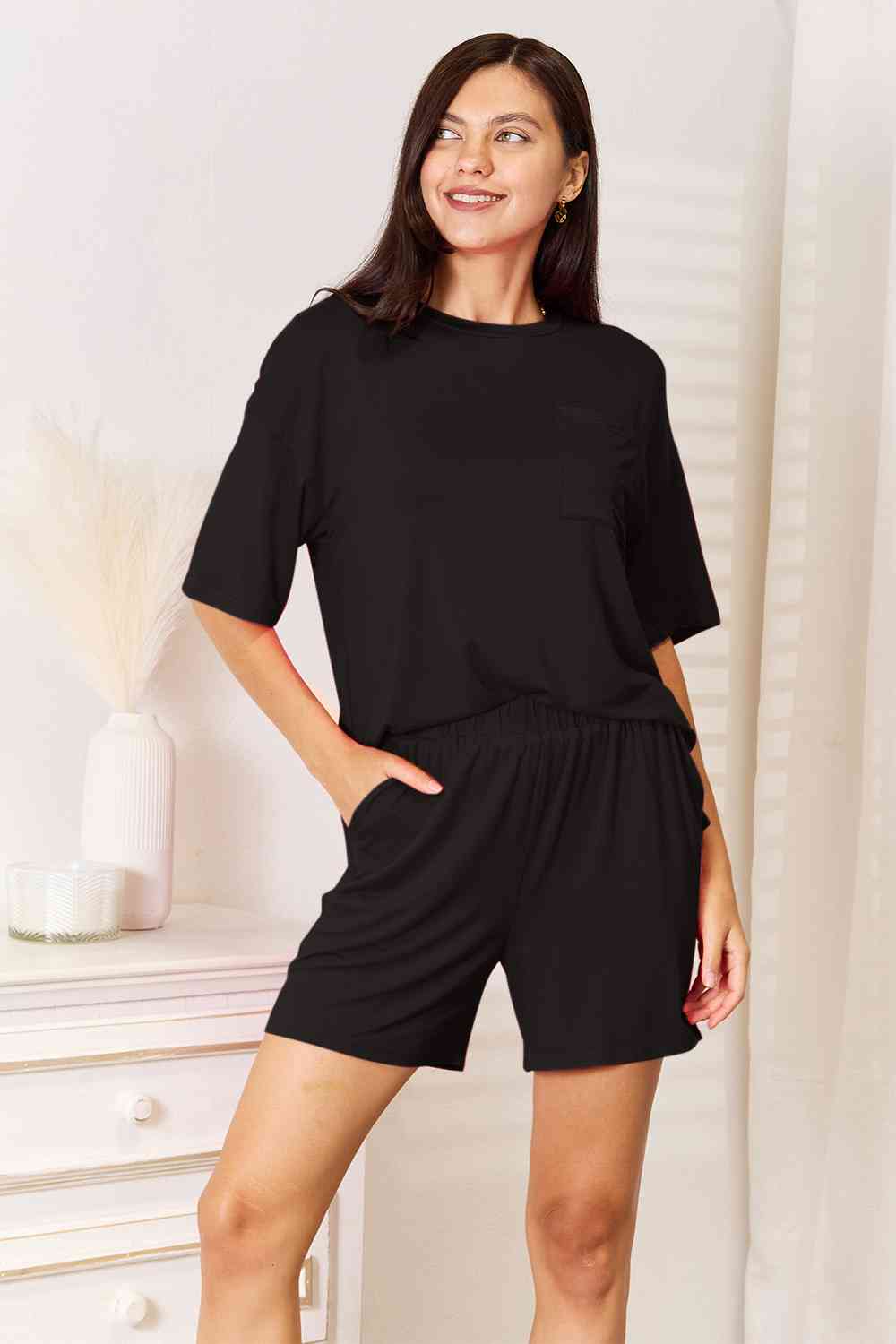 Basic Bae Full Size Soft Rayon Half Sleeve Top and Shorts Set Black