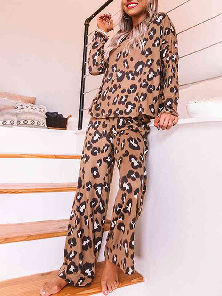 Leopard Long Sleeve Top and Pants Lounge Set Leopard