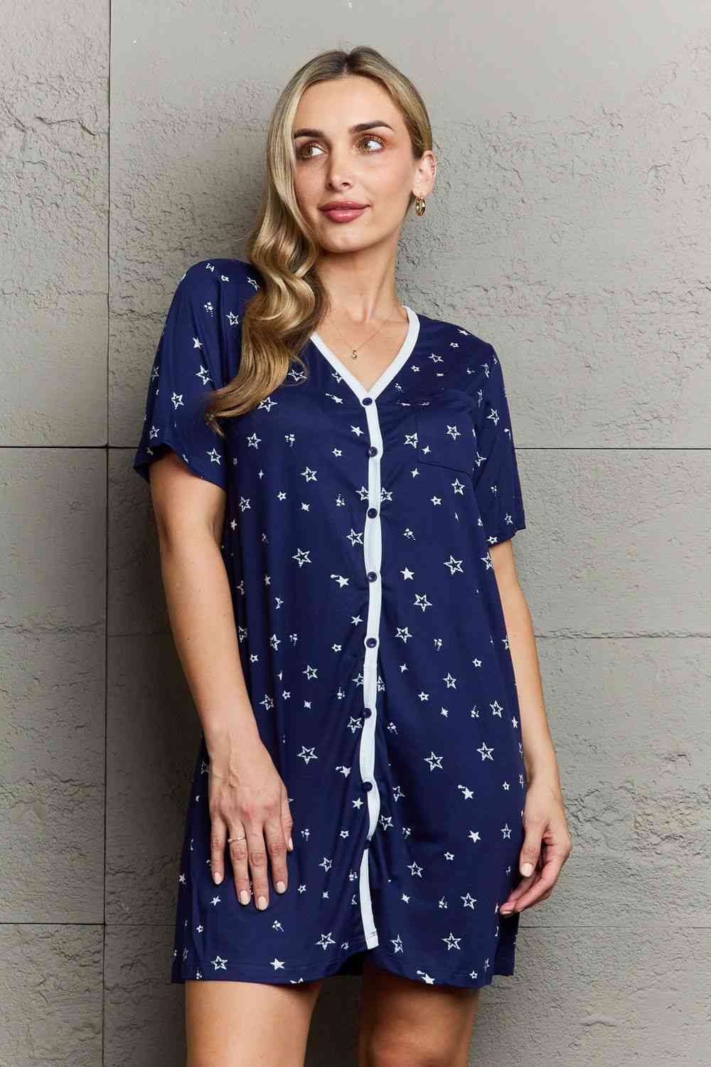 MOON NITE Quilted Quivers Button Down Sleepwear Dress Navy