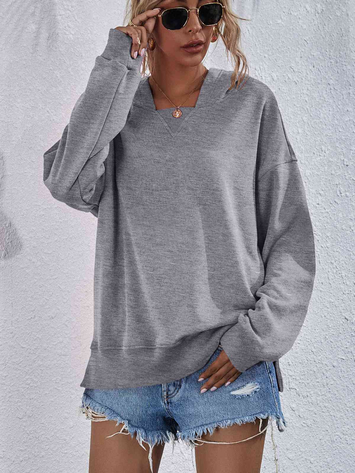 Dropped Shoulder Slit Hoodie Heather Gray