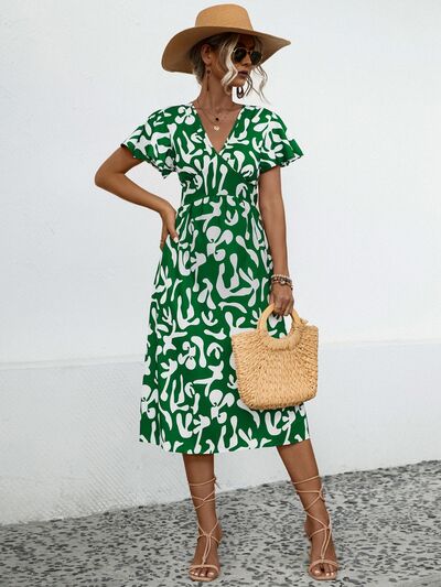 Printed V-Neck Short Sleeve Dress Mid Green