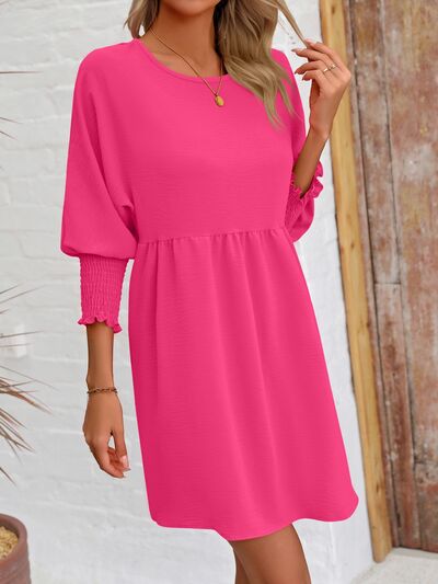 Round Neck Lantern Sleeve Mini Dress Hot Pink