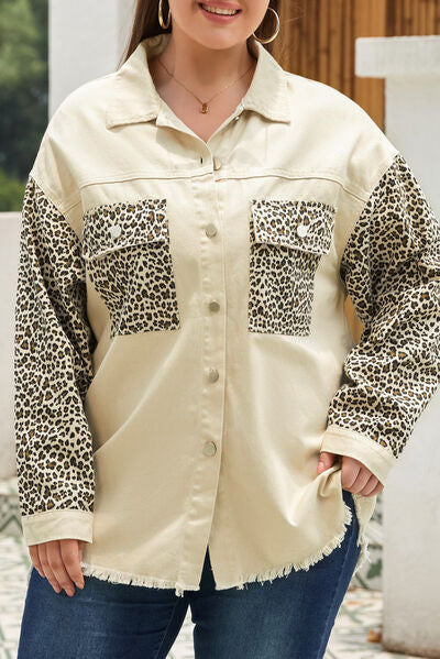 Plus Size Leopard Button Up Raw Hem Denim Jacket Ivory