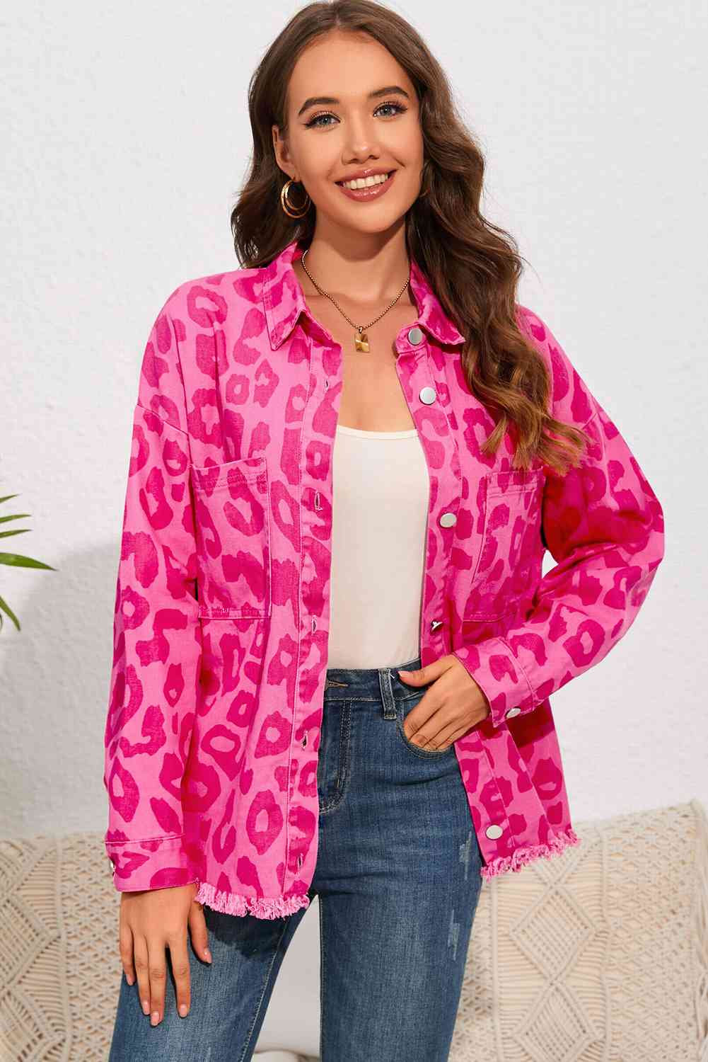 Leopard Raw Hem Jacket Hot Pink