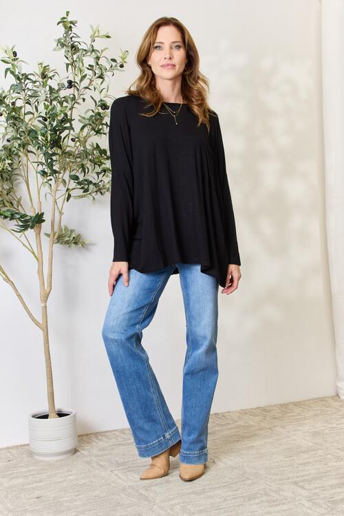 Zenana Full Size Round Neck Long Sleeve Top with Pocket