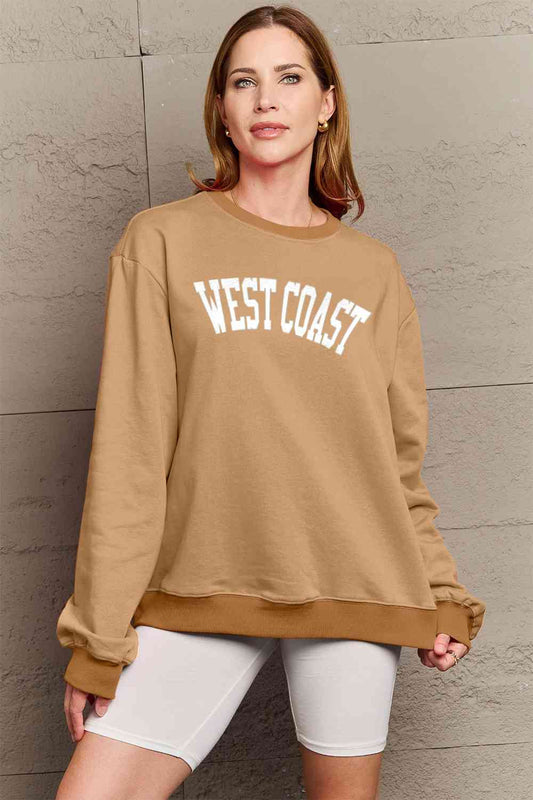 Simply Love Full Size WEST COAST Graphic Long Sleeve Sweatshirt Caramel