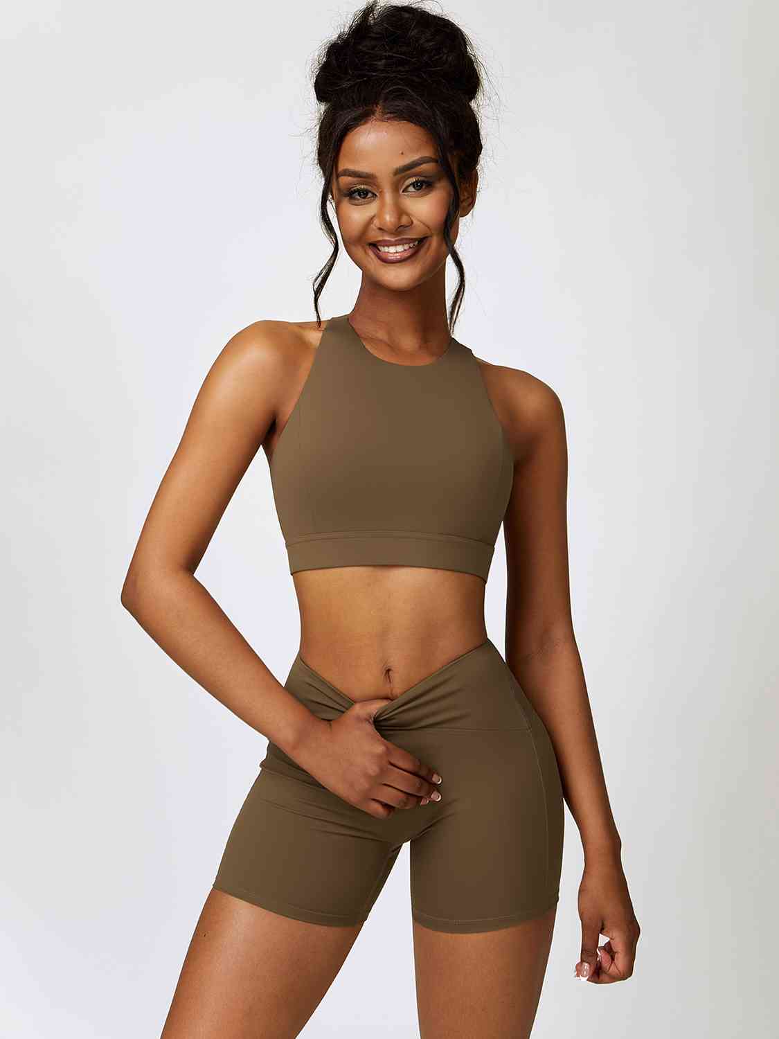 Cutout Cropped Sport Tank and Shorts Set Olive Brown